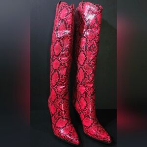 Pretty Little Thing Tall Size 5 Faux Red Black Snakeskin Boots New Without Box